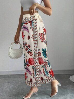 Elenzga Women's Summer Vacation Floral Print Wrap Tie Waist Skirt